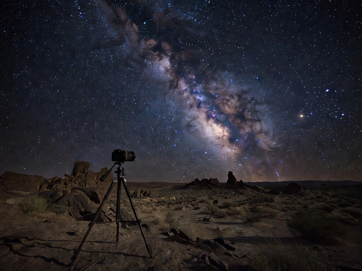 Camera on tripod pointed at the Milky Way in a dark landscape