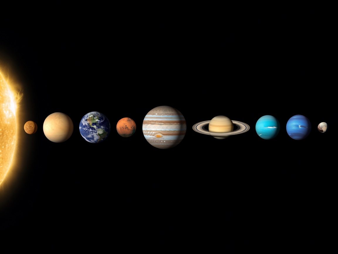 Illustrative view of planets aligned against a dark background