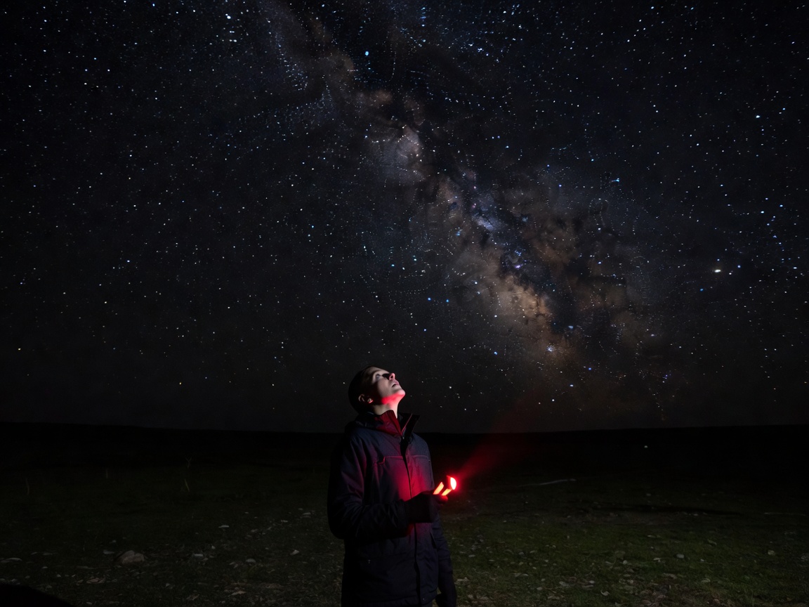 Person using a red flashlight while observing stars at night